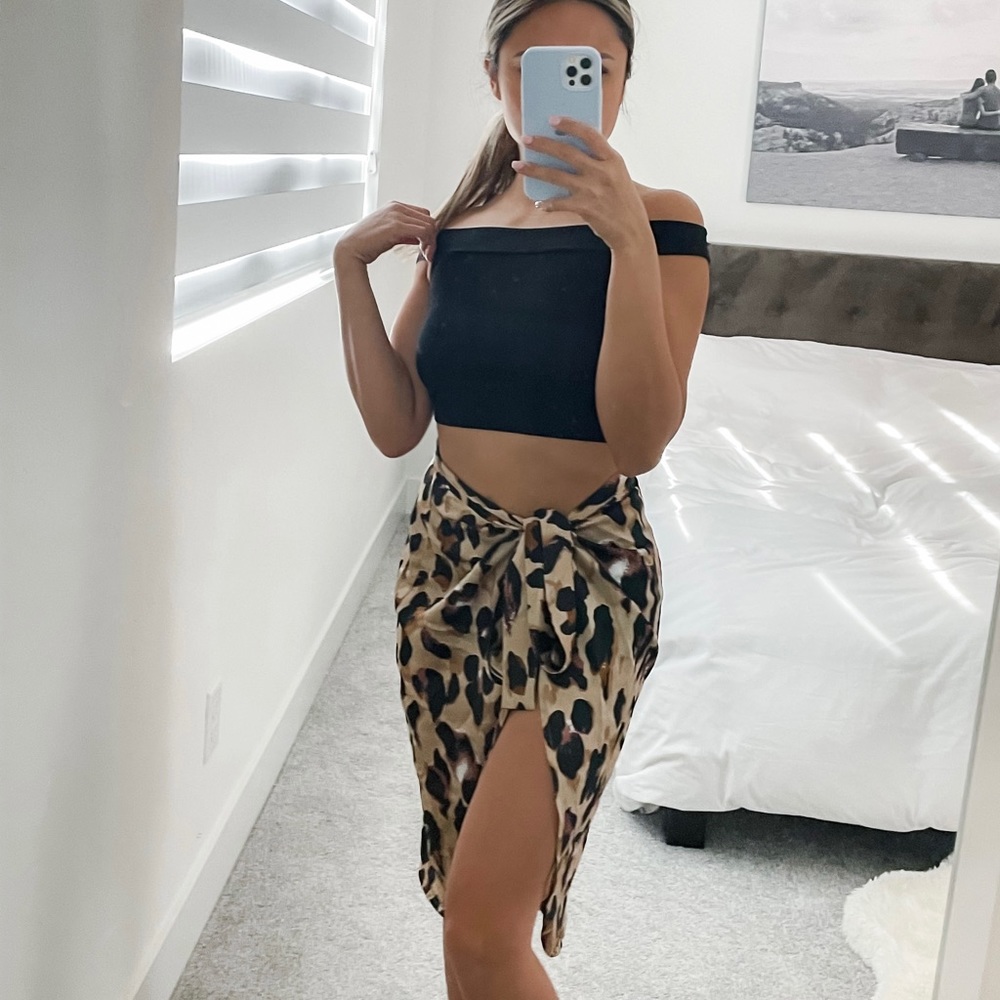 Leopard print satin wrap midi skirt